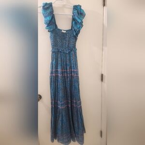 Cleobella Blue and Pink Ruffle Maxi Dress, Size Extra Small, Organic Cotton.